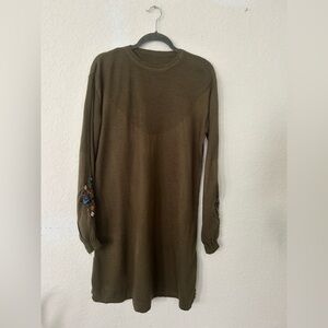 Bohemian Light Olive Green Knit Sweater Dress Embroidered Sleeves Size M